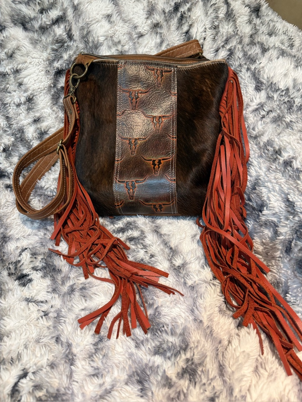Rust Fringe Cowhide Crossbody Bag with Western Embossed Accent - Longhorn